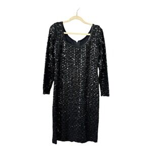 Vintage Lee Jordan Black Sequin Dress Full Length Union Made Scoop Neck 3/4 Leng